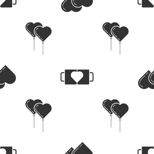 Set Two Linked Hearts, Two coffee cup and heart and Balloons in form of heart with ribbon on seamless pattern. Vector