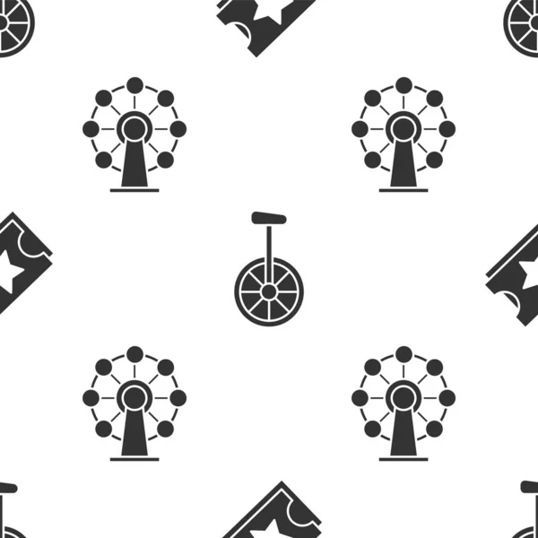 Set Ticket, Unicycle or one wheel bicycle and Ferris wheel on seamless pattern. Vector — 스톡 벡터