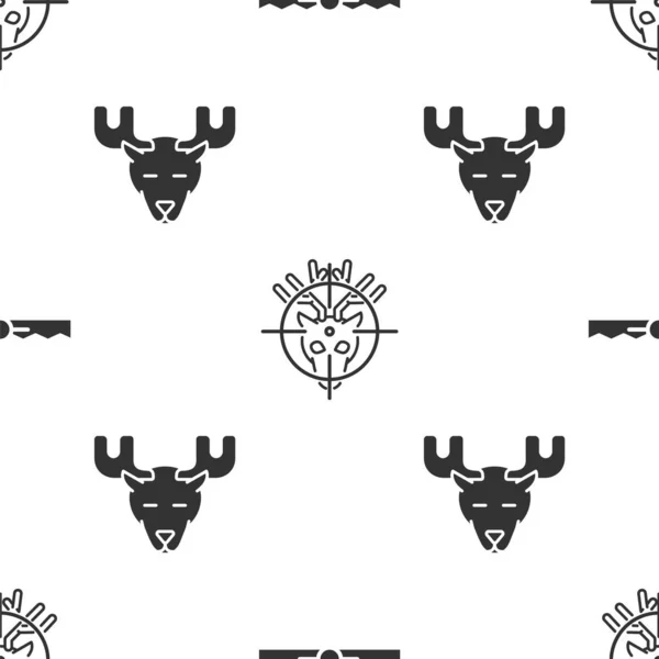 Conjunto de caza de Trampa, caza de ciervos con punto de mira y cabeza de alce con cuernos en el patrón sin costuras. Vector — Vector de stock