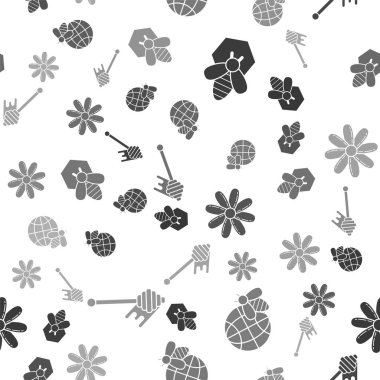 Arı ve bal peteğini, bal peteği dünya haritasını ve arıyı, bal damlatan bal damlatan çiçek ve ballı çubuğu, kusursuz desenli. Vektör