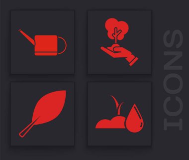 Sulama filizi, sulama tenekesi, çevresel koruma ve Yaprak ikonu elinde ağaç. Vektör