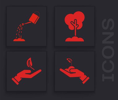 Çevre koruma, su tenekesi, yerde ağaç ve çevreyi koruma ikonu ile filizlenmek üzere filizlenir. Vektör