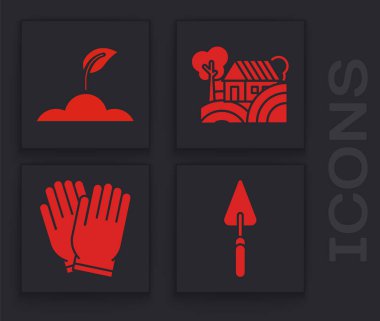 Bahçe küreği, kürek, filiz, çiftlik evi konsepti ve bahçe eldiveni ikonu. Vektör