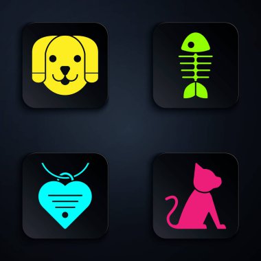 Cat, Dog, Collar, isim etiketi, kalbi ve Fish iskeleti. Siyah kare düğme. Vektör