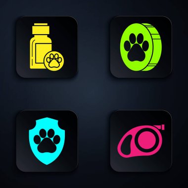 Geri çekilebilir ip tasmasını karabina, köpek ilacı şişesi, hayvan sağlığı sigortası ve pati iziyle ayarlayın. Siyah kare düğme. Vektör