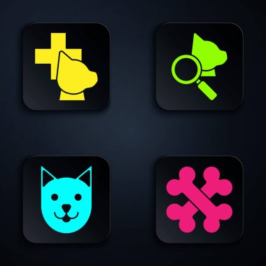 Çapraz kemikler, veteriner kliniği sembolü, Kedi ve Veteriner Kliniği sembolü. Siyah kare düğme. Vektör