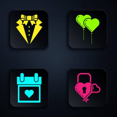 Kale 'yi kalp ve anahtar şeklinde ayarla, Suit, Kalple takvim ve kurdeleyle balon şeklinde takvim. Siyah kare düğme. Vektör