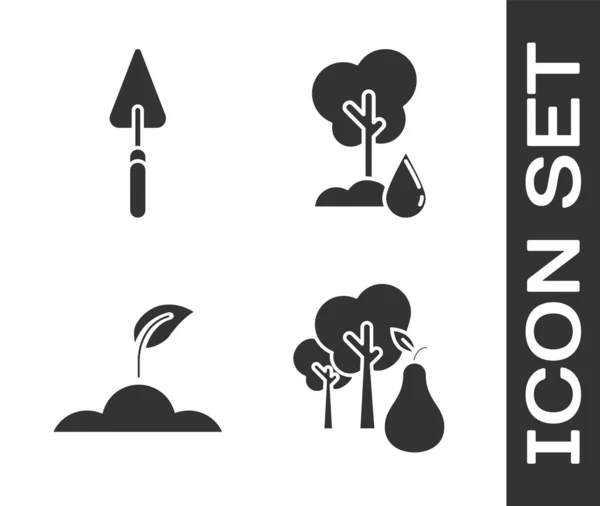 Set Árbol con peras, pala de jardín o pala, brote y riego icono del árbol. Vector — Vector de stock