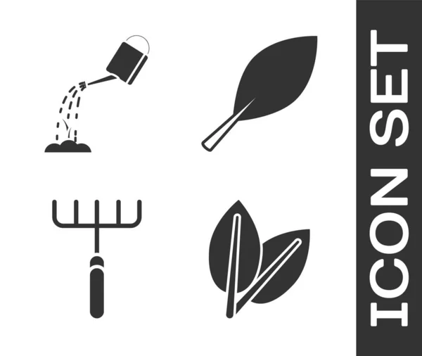 Set de Hojas, Regadera con agua, Rastrillo de jardín y Hoja icono. Vector — Vector de stock