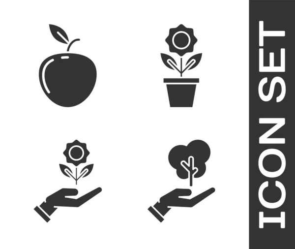 Set Baum in der Hand des Umweltschutzes, Apfel, Hand halten Blume und Blume im Topf Symbol. Vektor — Stockvektor