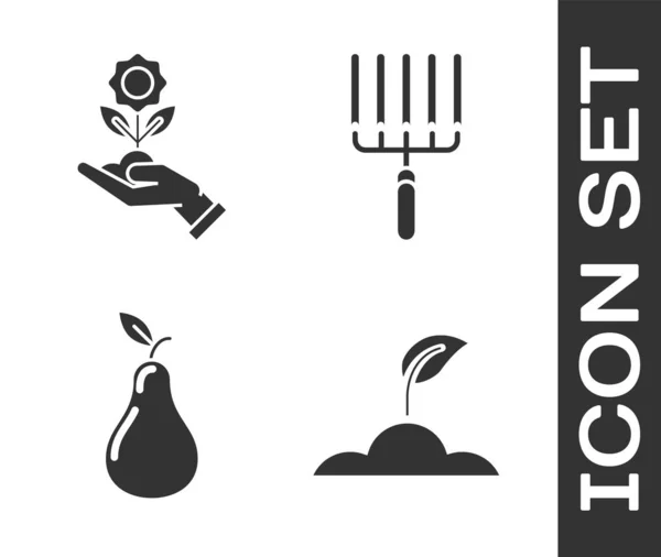 Set Sprout, Hand holding flower, Pear and Garden rake in work icon. Vector — 스톡 벡터