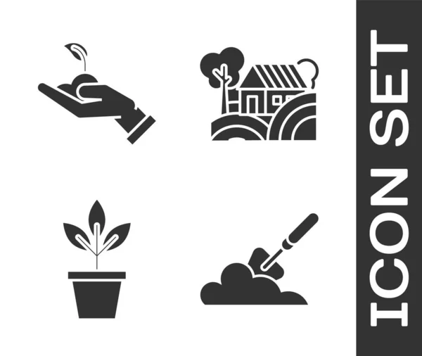 Set Pala de jardín o pala en el suelo, Sprout en mano de protección del medio ambiente, Flores en maceta y Farm House icono concepto. Vector — Vector de stock