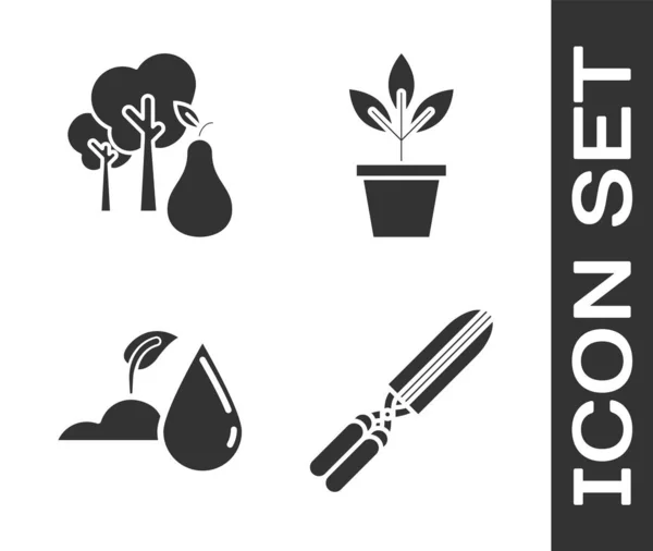 Set Tijeras de jardinería hechas a mano para recortar, Árbol con peras, Brote de riego y Flores en maceta icono. Vector — Vector de stock