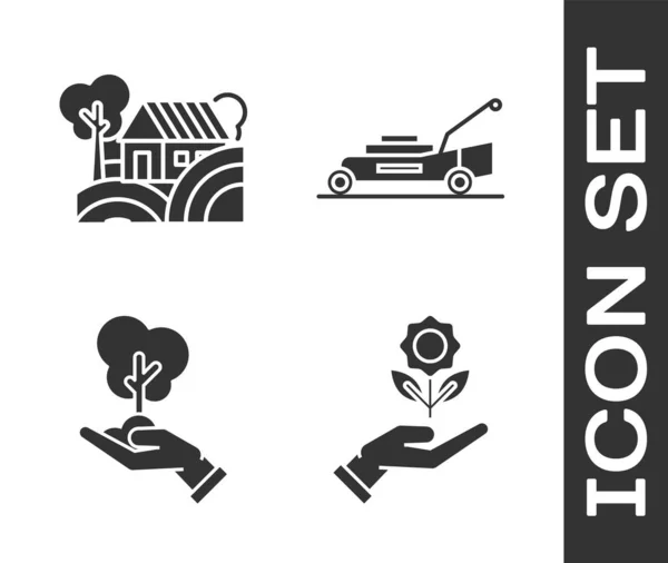 Set Hand holding flower, Farm House concept, Tree in hand of environmental protection and Lawn mower icon. Vector — 스톡 벡터