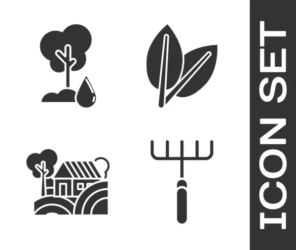 Set Garden rake, Watering Tree, Farm House concept and Leafs icon. Vector — 스톡 벡터