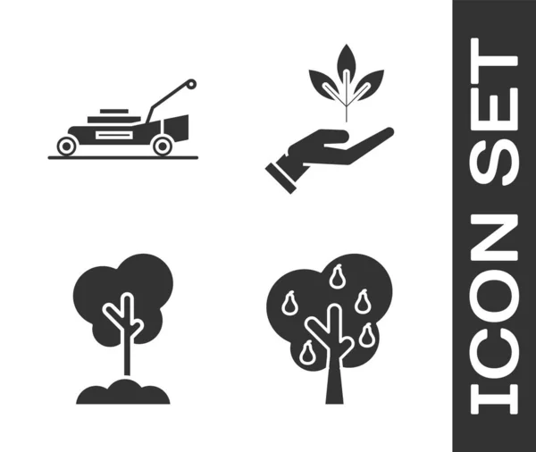 Set Tree with pears, Lawn mower, Tree in the ground and Plant in hand of environmental protection icon. Vector — 스톡 벡터