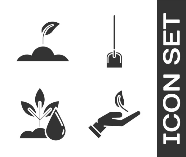Set Sprout in hand of environmental protection, Sprout, Watering plant and Shovel icon. Vector — 스톡 벡터