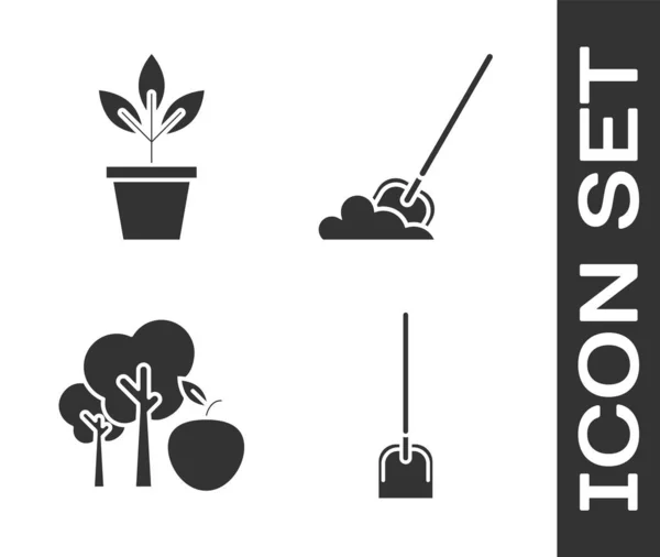 Set Shovel, Flowers in pot, Tree with apple and Shovel in the ground icon. Vector — 图库矢量图片