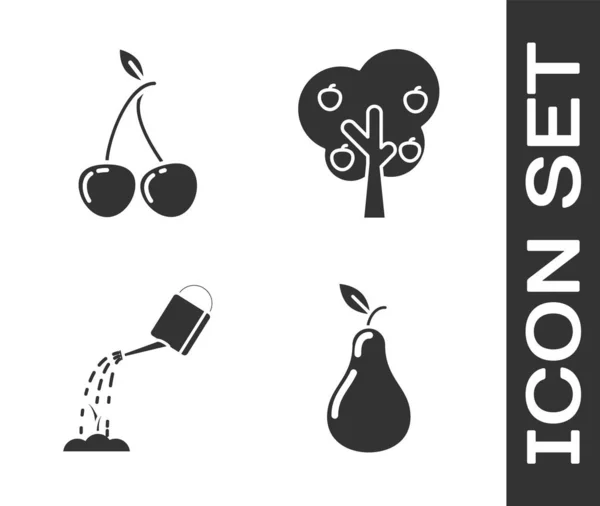 Set hruška, třešeň, zalévání plechovka s vodou a strom s ikonou jablka. Vektor — Stockový vektor