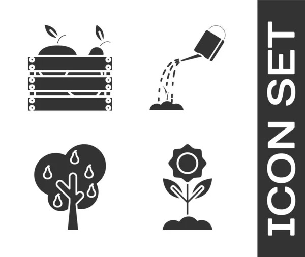 Set Flower, Wooden box for fruits and vegetables, Tree with pears and Watering can with water icon. Vector — 스톡 벡터