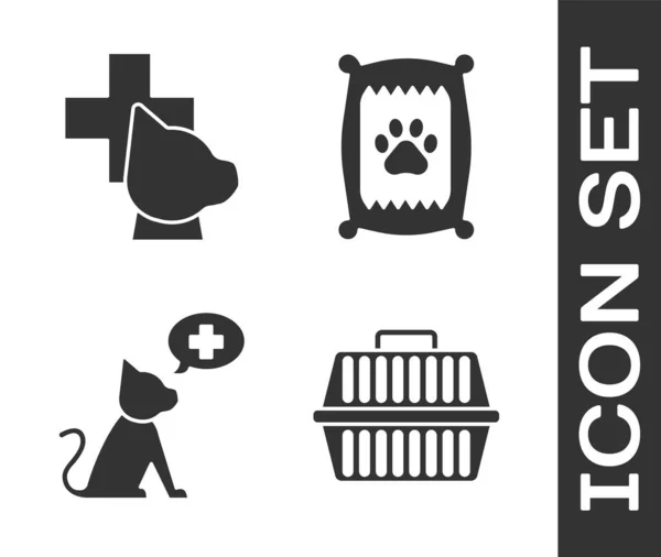Set Pet carry case, Veterinary clinic symbol, Veterinary clinic symbol and Bag of food for dog icon. Vector — Stock Vector