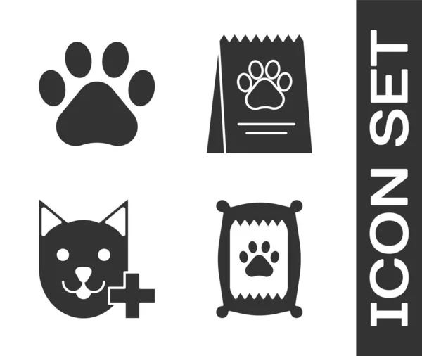 Set Bolsa de comida para perro, Paw print, símbolo de la clínica veterinaria y bolsa de comida para perro icono. Vector — Archivo Imágenes Vectoriales