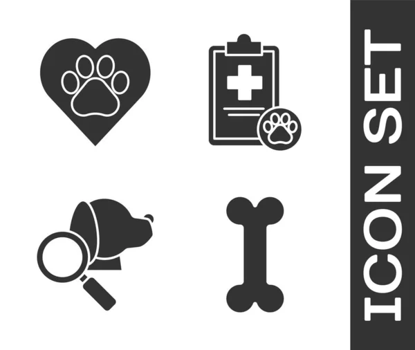 Set Dog bone, Heart with animals footprint, Veterinary clinic symbol and Clipboard with medical clinical record pet icon. Vector — Stock Vector