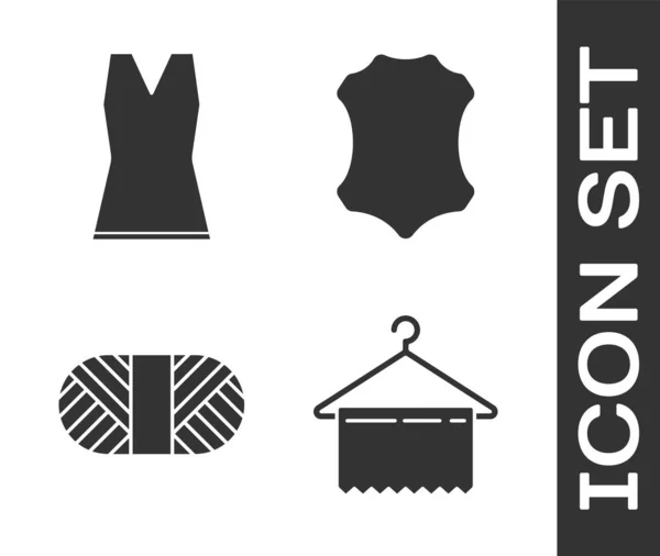 Set guardarropa, vestido de mujer, hilo de coser en carrete e icono de cuero. Vector — Vector de stock