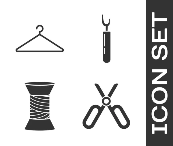 Set Scissors, Hanger wardrobe, Sewing thread on spool and Cutter tool icon. Vector — Stock Vector