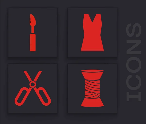 Definir linha de costura no carretel, ferramenta de corte, vestido de mulher e ícone de tesoura. Vetor — Vetor de Stock