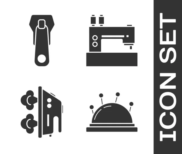 Set Needle bed and needles, Zipper, Electric iron and Sewing machine icon. Vector — 스톡 벡터