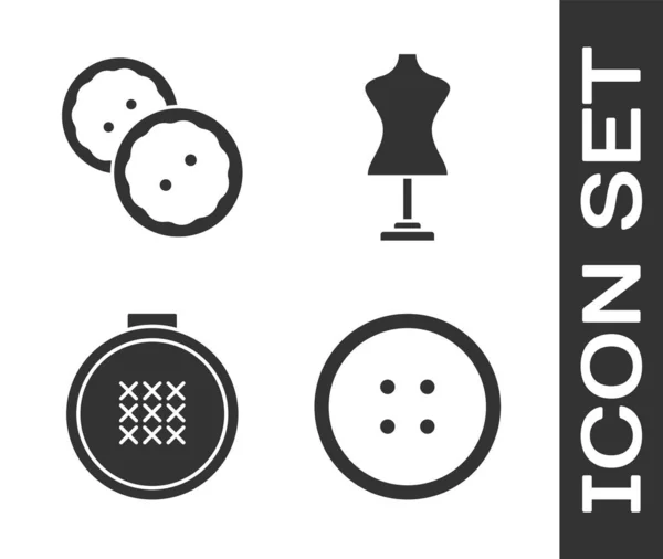 Conjunto de botão de costura para roupas, botão de costura para roupas, aro de bordado ajustável redondo e ícone de manequim. Vetor —  Vetores de Stock