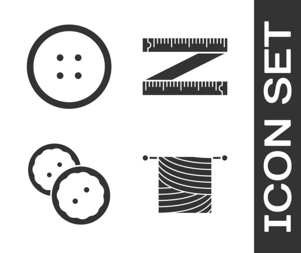 Conjunto de tricô, botão de costura para roupas, botão de costura para roupas e ícone de fita métrica. Vetor — Vetor de Stock