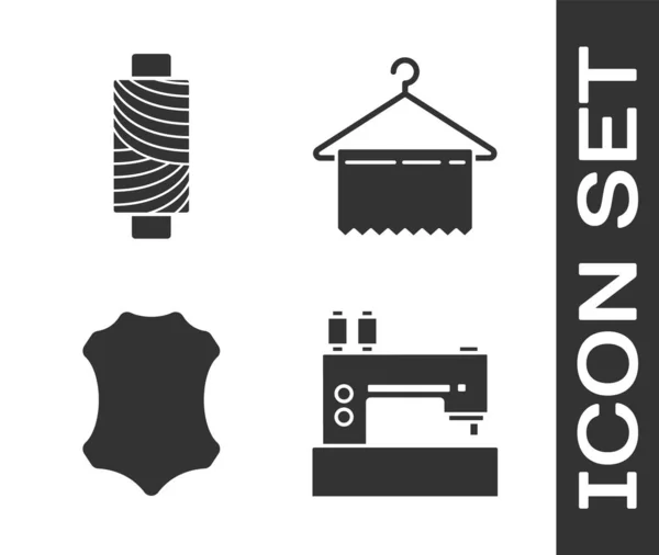 Set Sewing machine, Sewing thread on spool, Leather and Hanger wardrobe icon. Vector — 스톡 벡터