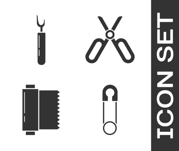 Set Classic closed steel safety pin, Cutter tool, Textile fabric roll and Scissors icon. Vector — ストックベクタ