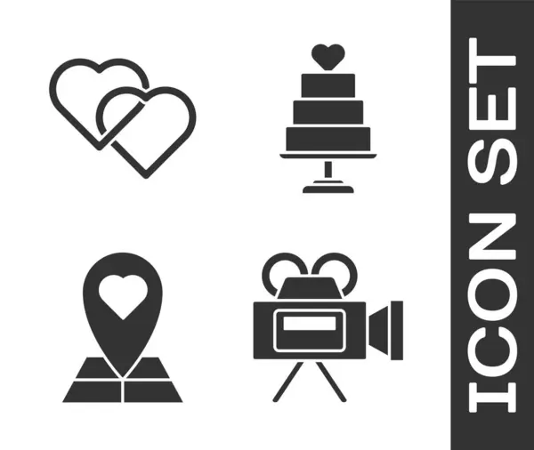 Set Cinema camera, Two Linked Hearts, Map pointer with heart and Wedding cake with heart icon. Vector — Stock Vector