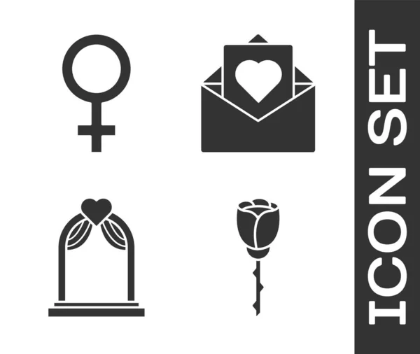 Set Rose fleur, symbole de genre féminin, arc de mariage et enveloppe avec icône de coeur de Saint-Valentin. Vecteur — Image vectorielle