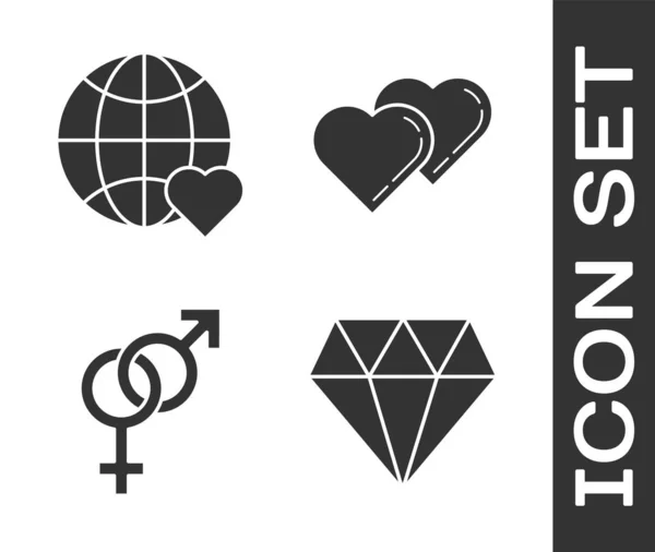 Set Diamond, The heart world love, Płeć i dwa połączone serca ikona. Wektor — Wektor stockowy