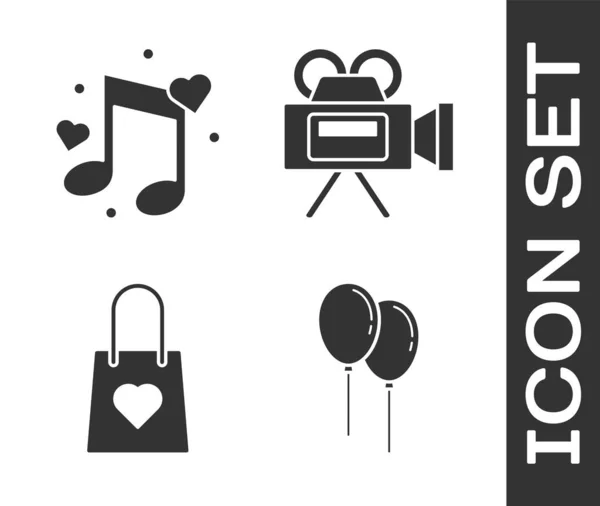Set Globos con cinta, Nota musical, tono con corazones, Bolsa de compras con corazón e icono de cámara de cine. Vector — Archivo Imágenes Vectoriales