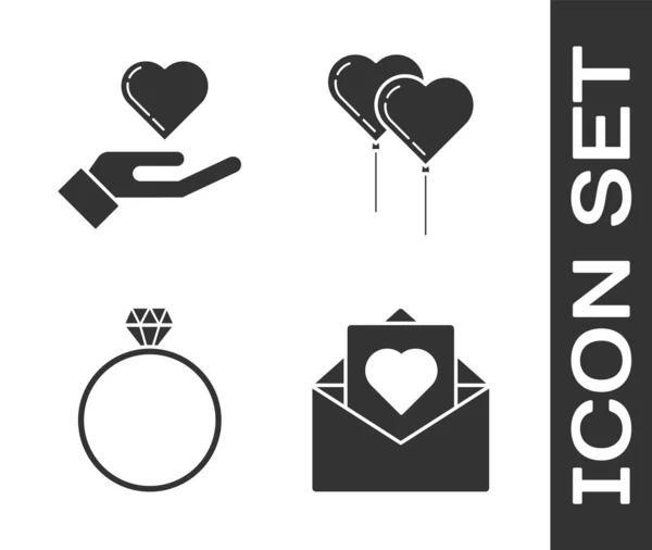 Set Envelop met Valentijnshart, Hart bij de hand, Diamanten verlovingsring en ballonnen in hartvorm met lint icoon. Vector — Stockvector