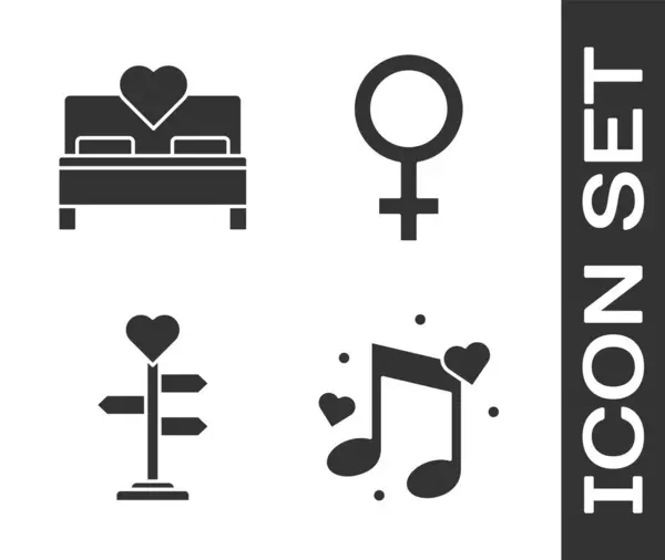 Set Nota musical, tono con corazones, Dormitorio, Señalización con corazón e icono de símbolo de género femenino. Vector — Archivo Imágenes Vectoriales