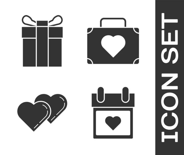 Set de calendario con corazón, caja de regalo, dos corazones vinculados y maleta para viajar con icono del corazón. Vector — Vector de stock