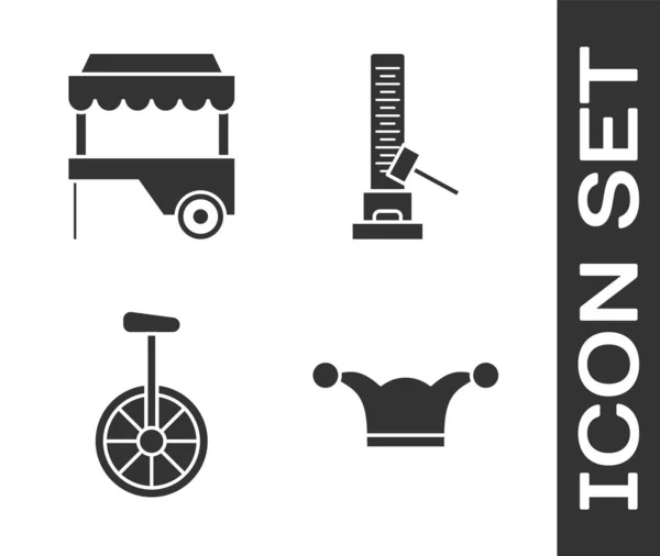 Set Jester hat with bells, Fast street food cart with awning, Unicycle or one wheel bicycle and High striker attraction with big hammer icon. Vector — 스톡 벡터