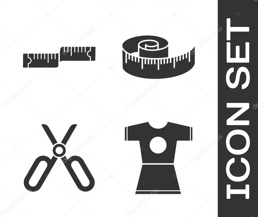 Set Woman dress, Tape measure, Scissors and Tape measure icon. Vector
