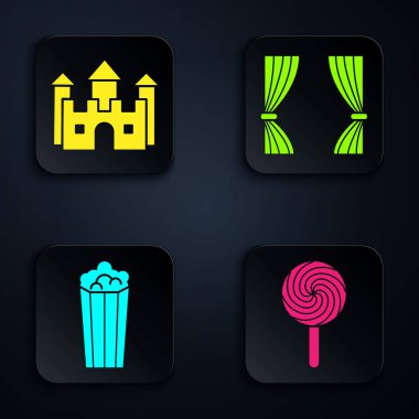 Lolipop, Castle, patlamış mısırı karton kutuya ve perdeye koyun. Siyah kare düğme. Vektör