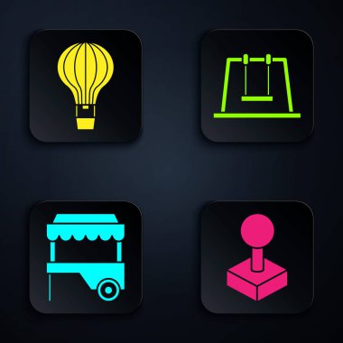 Oyun makinası, sıcak hava balonu, tenteli ve salıncaklı Fast Street yemek arabası için Joystick ayarlayın. Siyah kare düğme. Vektör