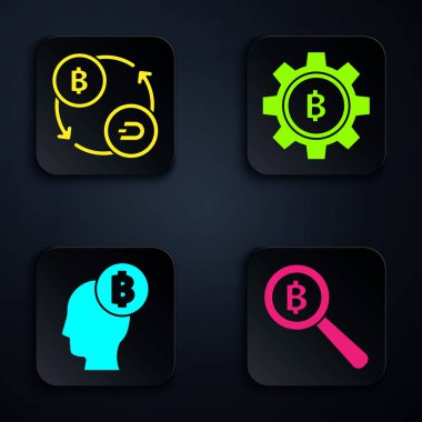 Büyüteci Bitcoin ile ayarla, Kripto para değişimi, Bitcoin düşünce ve Kripto para Bitcoin. Siyah kare düğme. Vektör