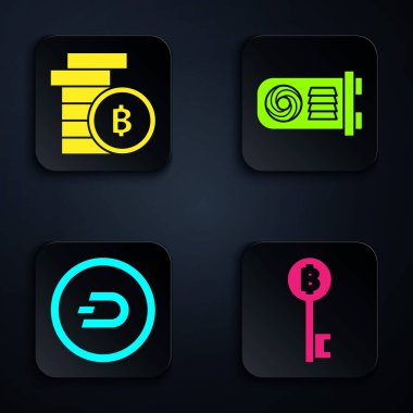 Kripto para birimi Bitcoin anahtarı, Kripto para Bitcoin, Kripto para birimi Dash ve Madencilik çiftliği. Siyah kare düğme. Vektör