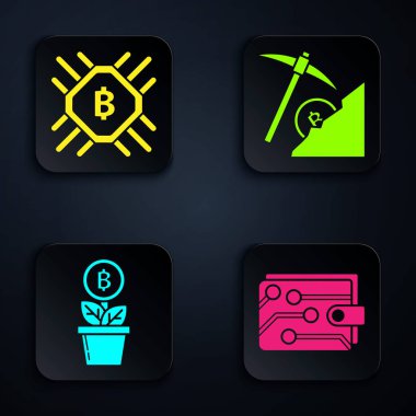 Kripto para birimi cüzdanını, Cpu madencilik çiftliğini, Bitcoin fabrikasını ve Kripto para birimi bulut madenciliğini ayarla. Siyah kare düğme. Vektör