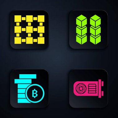 Set Madencilik, Blockchain teknolojisi, Kripto para Bitcoin ve Blockchain teknolojisi. Siyah kare düğme. Vektör